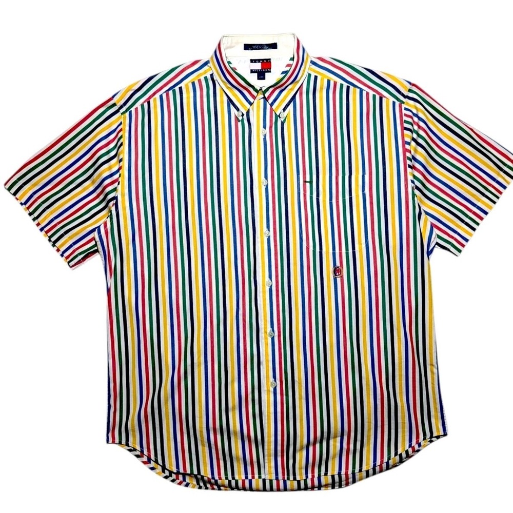 Vintage Tommy Hilfiger Multicolor Stripe Button Down Shirt Large Cotton USA Fit